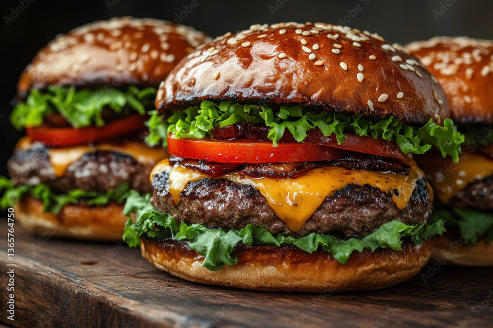 Three cheeseburgers with lettuce and cheese. Three cheeseburgers with lettuce and cheese.