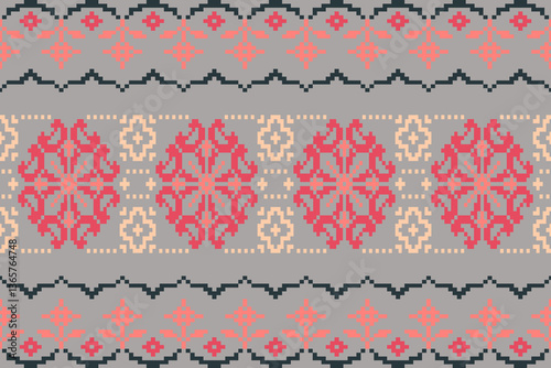 Obraz na płótnie Geometric floral pattern traditional,geometric pattern on color pallet background,vector illustration,geometric ethnic embroidery,abstract background.design for texture,fabric,clothing,decoration w salonie