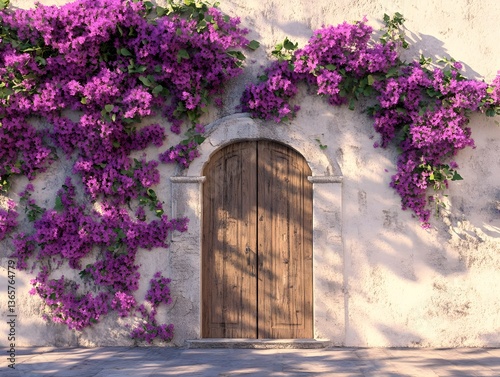 Fototapeta Naklejka Na Ścianę i Meble -  A beautiful bougainvillea plant covers the wall of an old Spanish house with a wooden door.