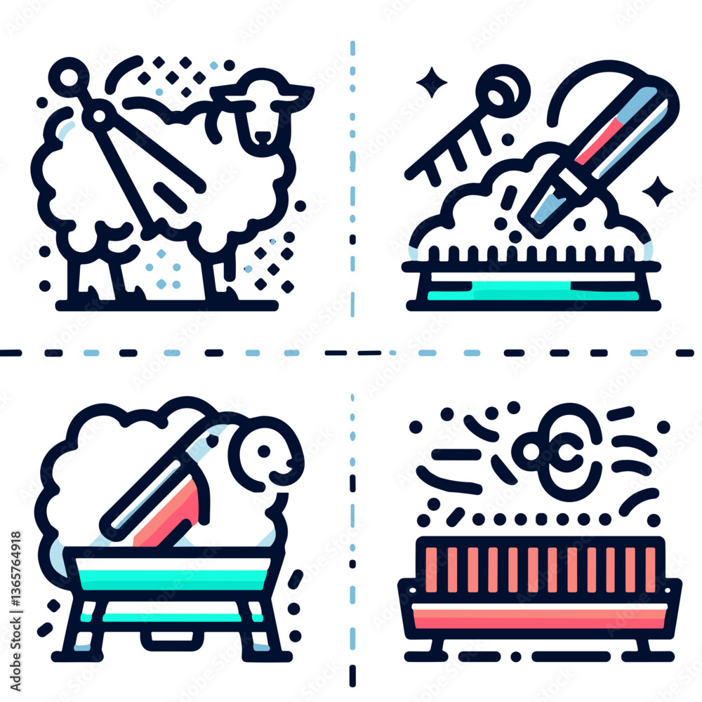 Illustrations of Sheep Shearing Techniques in Colorful Style. Sheep shearing  
