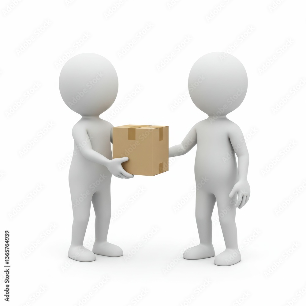 Two 3d figures exchanging box on white background
