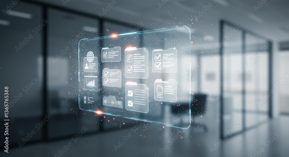 A futuristic transparent interface showcasing efficient project management in a modern office setting with sleek glass walls and subtle blue light effects. A futuristic transparent interface showcasing efficient project management in a modern office setting with sleek glass walls and subtle blue light effects.