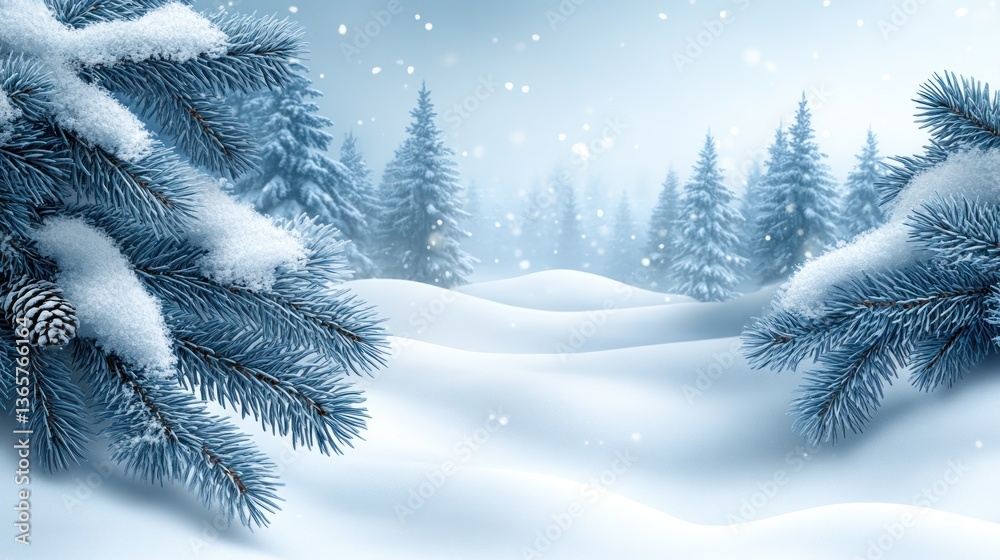 Obraz premium Snowy winter landscape with snow-covered pine branches in the foreground and a forest in the background.