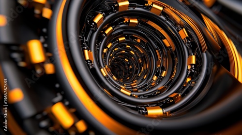 Fototapeta Naklejka Na Ścianę i Meble -  A swirling tunnel of black and orange geometric shapes, creating a dynamic and futuristic visual effect.