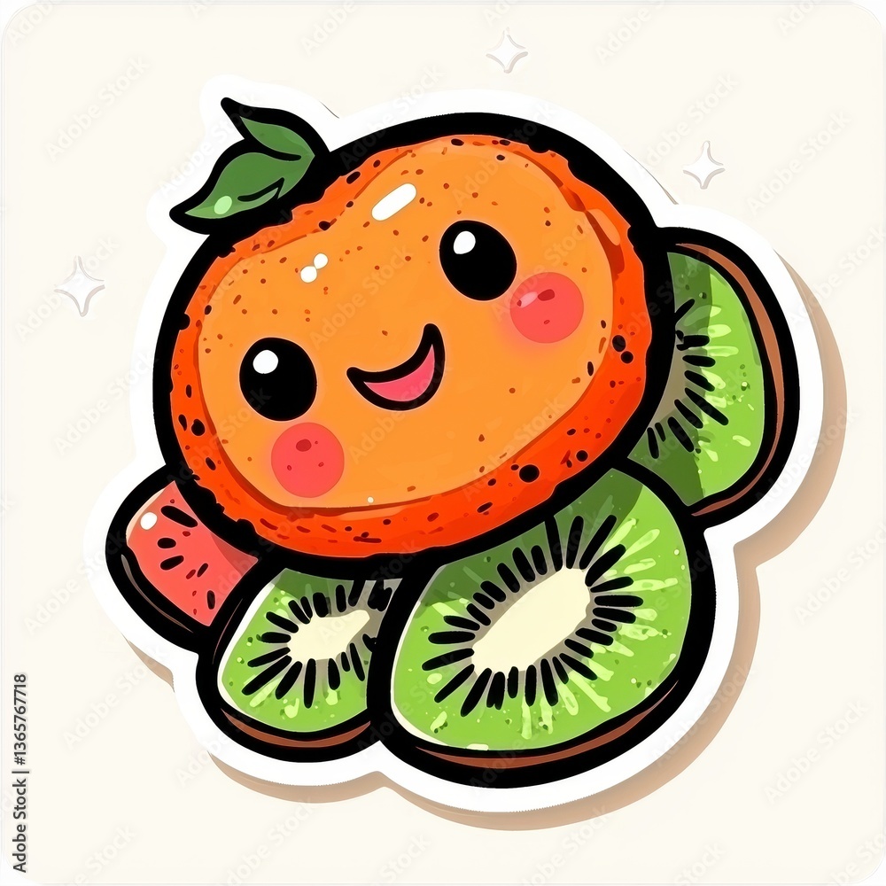 Fototapeta premium Cute Cartoon Orange Character with Kiwi Slices - Kawaii Fruit Illustration