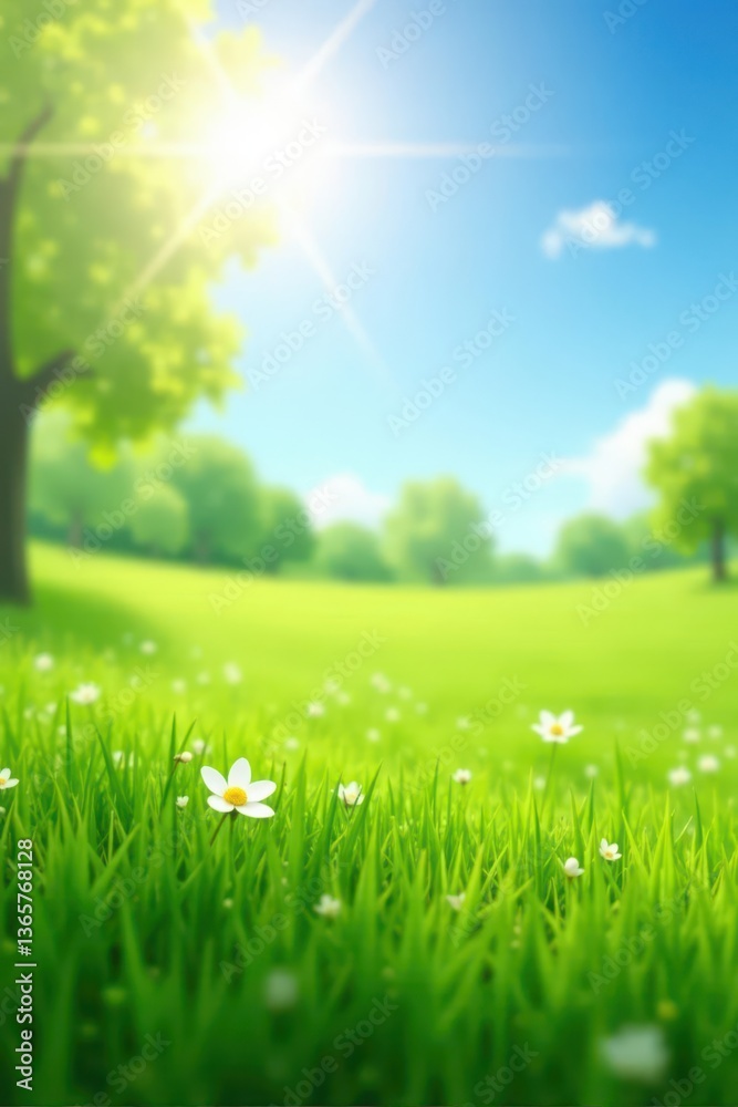 Obraz premium Soft focus spring meadow, sunny blue sky fades to lush green grass , green, sun