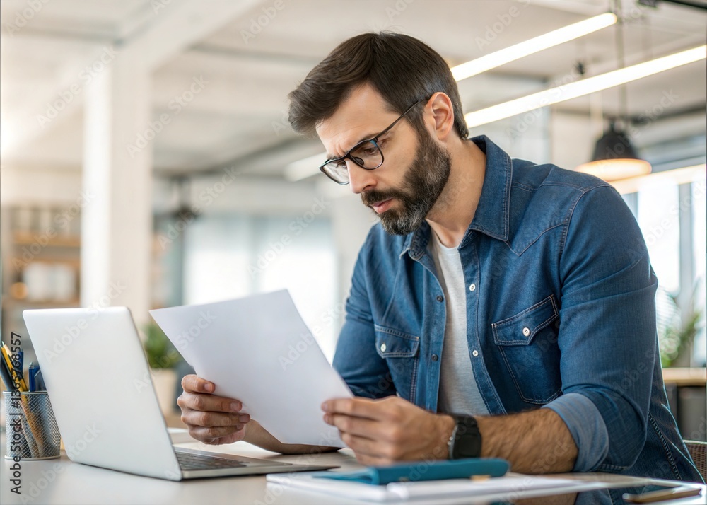Focused Businessman Reviewing Documents in Modern Office Focused Businessman Reviewing Documents in Modern Office