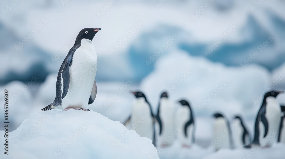 Naklejka premium Adelie penguin on an iceberg, with a group of penguins in the background.