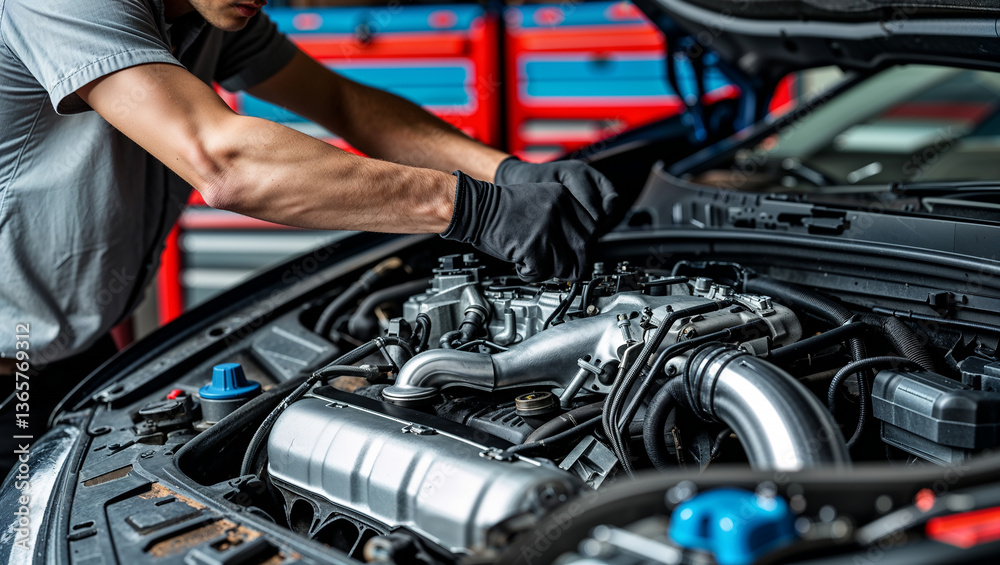Fototapeta premium Car mechanic repairing engine in a workshop