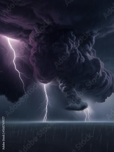 isolated thunderstorm with rain in the sea