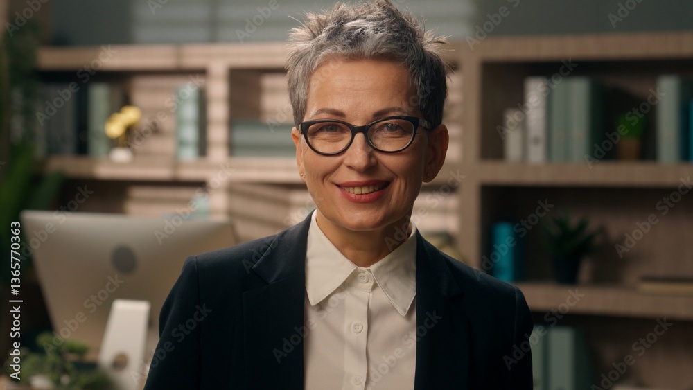 Fototapeta premium Joyful smiling confident portrait in office success business Caucasian senior woman middle-aged businesswoman mature female employer entrepreneur teacher looking at camera work education stylish CEO