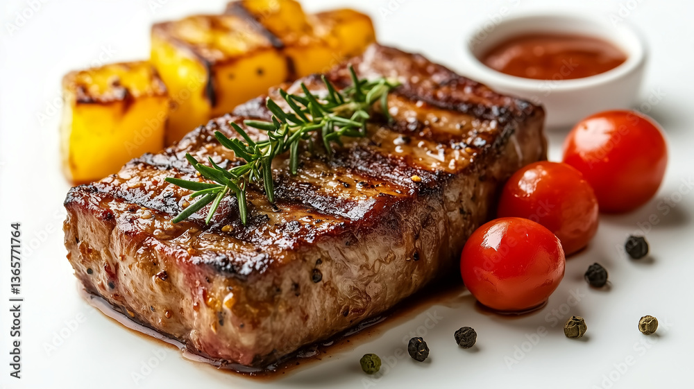grilled meat with vegetables on white background grilled meat with vegetables on white background
