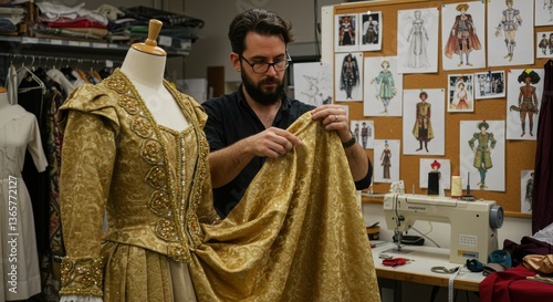Tailor meticulously adjusting a golden gown in a costume workshop surrounded by design sketches