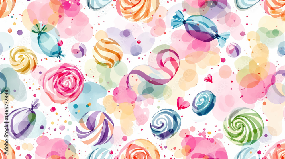 Colorful candy circles illustrated in a seamless watercolor pattern perfect for festive designs or playful backgrounds