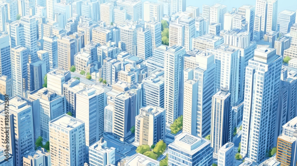 Fototapeta Aerial view of a modern city with numerous high-rise buildings and green spaces.