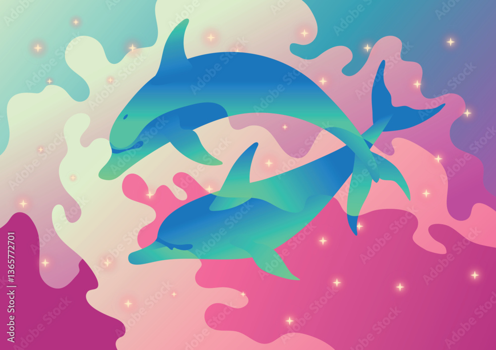 Obraz premium Surreal dolphins in vaporwave ocean fantasy with glowing stars and pastel gradients 