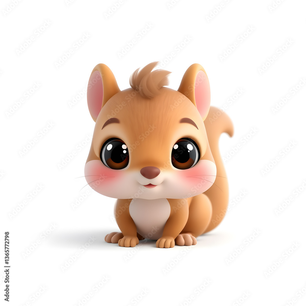 Naklejka premium Squirrel – 3D baby squirrel, chubby cheeks, big eyes, light brown and pastel pink tones, white background Generative AI