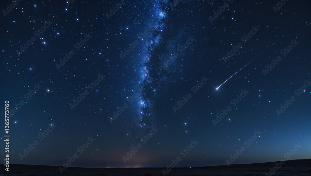 Fototapeta premium Stunning night sky with falling stars illuminating the milky way over horizon