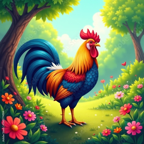 Wallpaper Mural Colorful illustration of a rooster in a lush garden, colorful, animal Torontodigital.ca