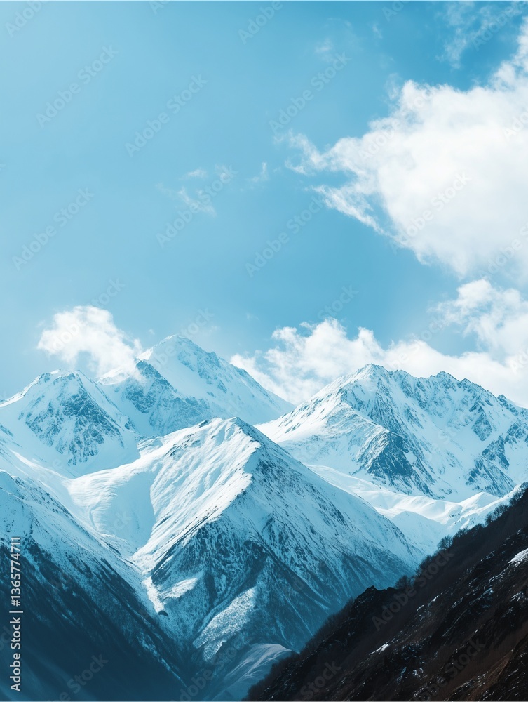 Obraz premium Majestic Mountain Panorama: A breathtaking view of snow-capped mountain peaks reaching towards a vibrant blue sky, adorned with fluffy clouds, offering a serene and awe-inspiring panorama.