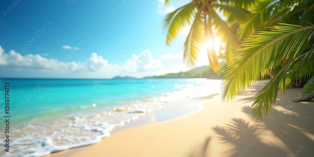 Fototapeta premium Sunny tropical Caribbean beach with palm trees, turquoise water, and golden sand paradise