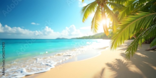 Fototapeta Naklejka Na Ścianę i Meble -  Sunny tropical Caribbean beach with palm trees, turquoise water, and golden sand paradise