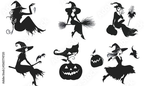 Retro Pin-Up Witch Silhouettes Set with Broom and Pumpkin in Minimalist Style