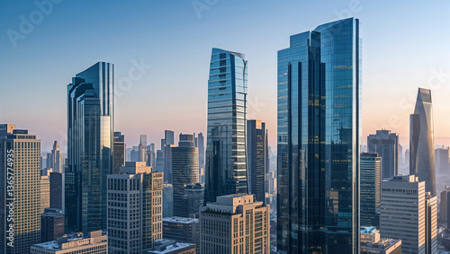 Modern metropolis shines at dawn, skyscrapers reaching for the sky