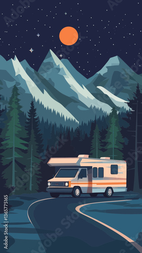 Retro RV Motorhome Adventure at Night in Mountain Landscape Vector Illustration
