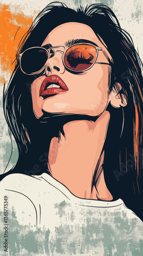 Grunge Style Minimalist Vector of Confident Woman with Sunglasses in Artistic Pose
