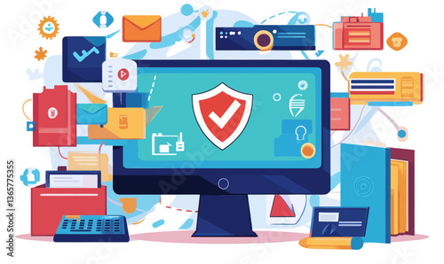 Computer Security with Antivirus Software and Network Protection in Minimalist Vector Design
