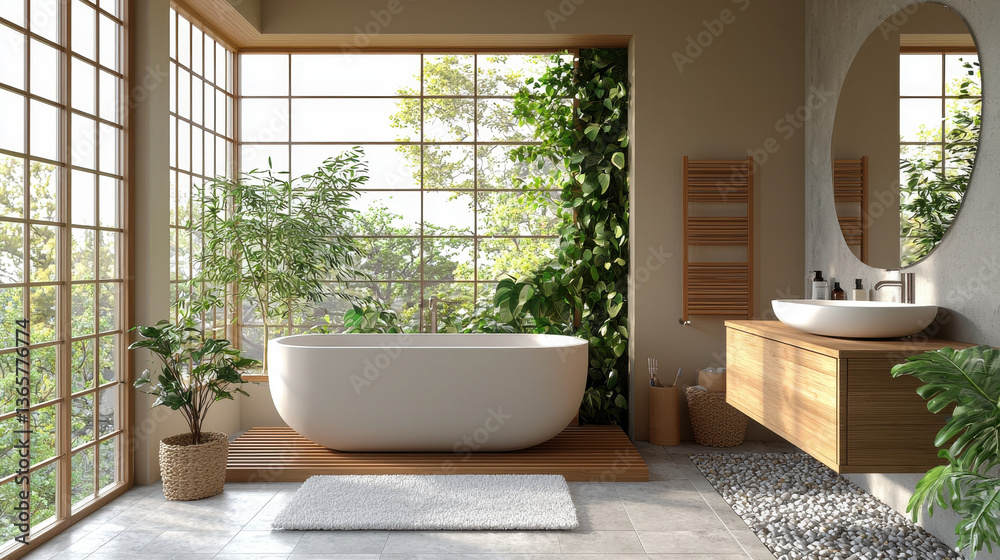 Fototapeta premium Eco-minimalist bathroom with natural light and sustainable design features for a serene atmosphere