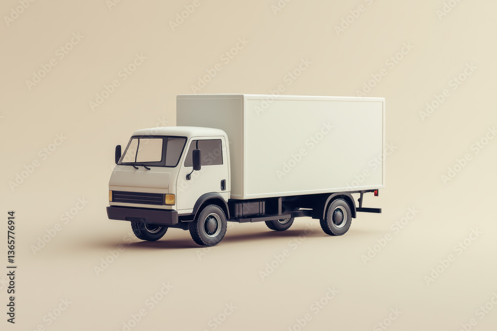 White delivery truck parked in front of a beige building. White delivery truck parked in front of a beige building.