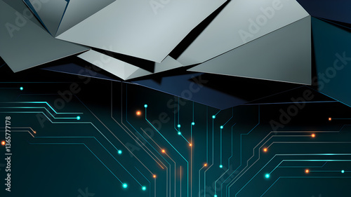 Abstract geometric design featuring metallic shapes and circuit patterns against a dark background