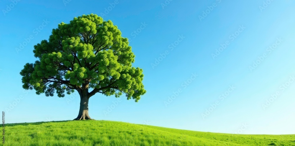 Fototapeta premium A majestic tree rises high against the clear blue sky, open landscape, single tree