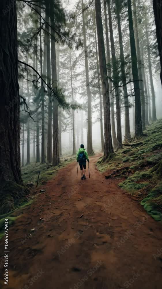 Hiker's Journey Through Misty Forest: A Serene Trek Amidst Towering Trees and Nature's Embrace on a Foggy Morning Hiker's Journey Through Misty Forest: A Serene Trek Amidst Towering Trees and Nature's Embrace on a Foggy Morning