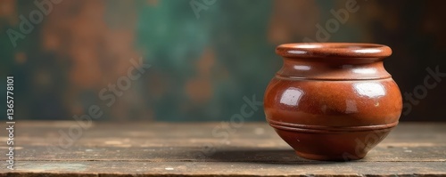 Earthenware pot, homespun fabric, distressed wooden surface , rural, clay