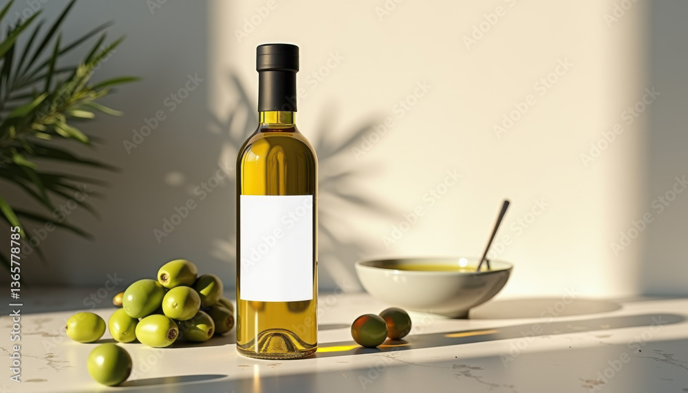 Obraz premium Olive oil bottle mockup, Blank label olive oil bottle with bowl of green olives