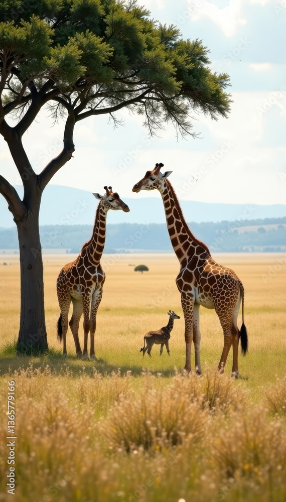 Obraz premium Three giraffes graze peacefully in Kenya's savanna , wildlife photography, spotted
