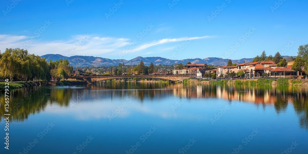 Napa River Cityscape: Urban Architecture and Bridge Overlooking California Waterfront Napa River Cityscape: Urban Architecture and Bridge Overlooking California Waterfront