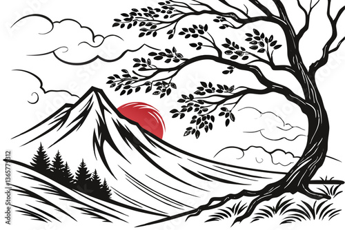 42 Abstract landscape, ink splash, mountain peak, dynamic brushstrokes, monochromatic palette, red accent, textured canvas, dramatic composition, Japanese-inspired art, stormy atmosphere, ethereal mis