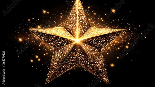 Sparkling golden star with glitter and light effects on black background.