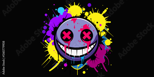 A black, grunge-inspired design shows a stitched-tooth, creepy smile, abstract eyes (an X and theta symbol), and SMILE MOOD in a casual font. Vibrant paint splatters and a blood drip overlay