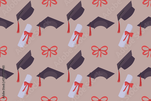 Graduation cap and diploma scroll seamless backdrop. Vector template for fabric, textile, wallpaper, wrapping paper