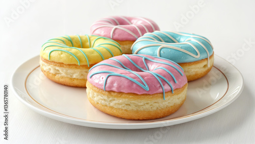 The donuts are lush with colored icing, on a white background