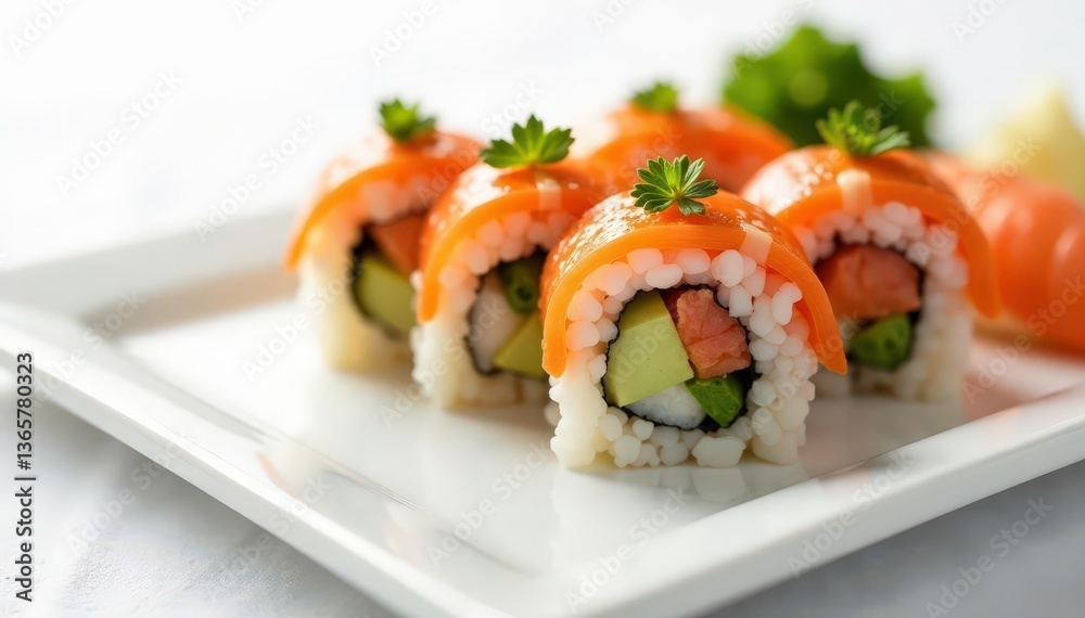 Beautifully arranged sushi on white background, flatlay, macro, closeup Beautifully arranged sushi on white background, flatlay, macro, closeup