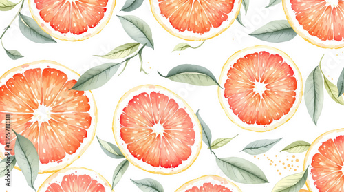 Citrus watercolor Pattern with Oranges and Leaves on White Background