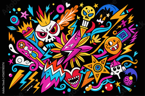 Colorful, hand-drawn doodles populate a chaotic digital illustration against a black background