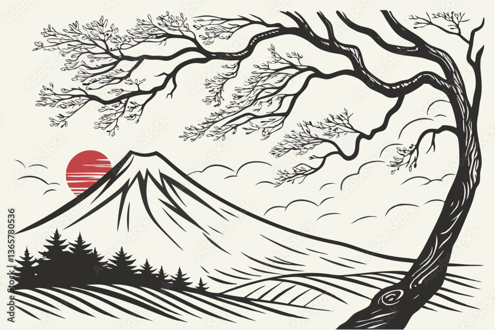 Fototapeta premium 42 Abstract landscape, ink splash, mountain peak, dynamic brushstrokes, monochromatic palette, red accent, textured canvas, dramatic composition, Japanese-inspired art, stormy atmosphere, ethereal mis