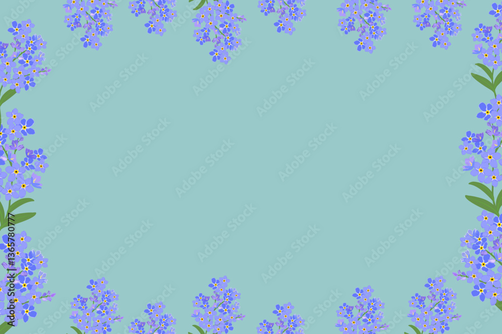 A floral frame featuring forget-me-not flowers in blue purple around a light blue background. The flowers are depicted in a simple,flat,for invitations,greeting cards,poster template,botanical banner A floral frame featuring forget-me-not flowers in blue purple around a light blue background. The flowers are depicted in a simple,flat,for invitations,greeting cards,poster template,botanical banner